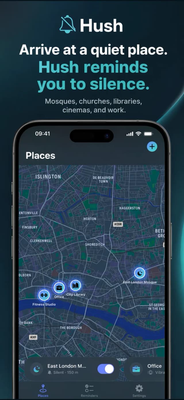 Hush silent mode reminder app – list of quiet places on iPhone