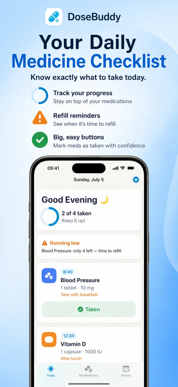 DoseBuddy pill reminder app – today's medication checklist on iPhone