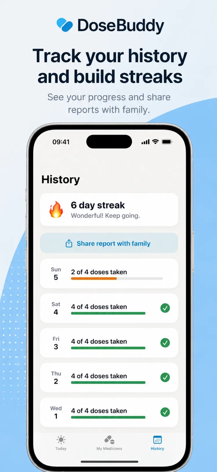 DoseBuddy medication tracker – dose history and streaks
