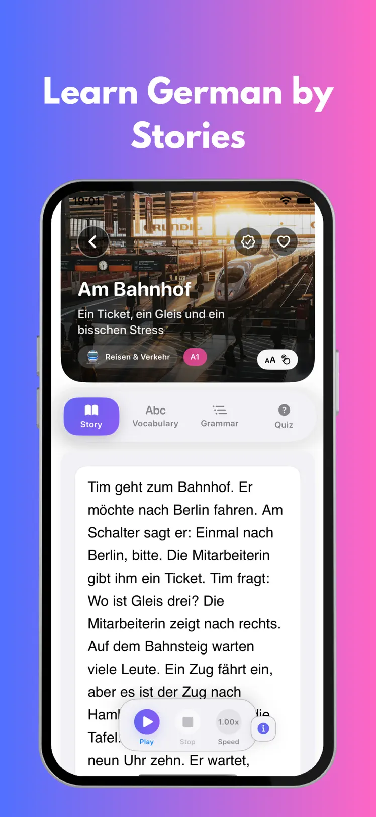 Lesen Lab German reading app – learn German by stories with a graded A1 story and audio player