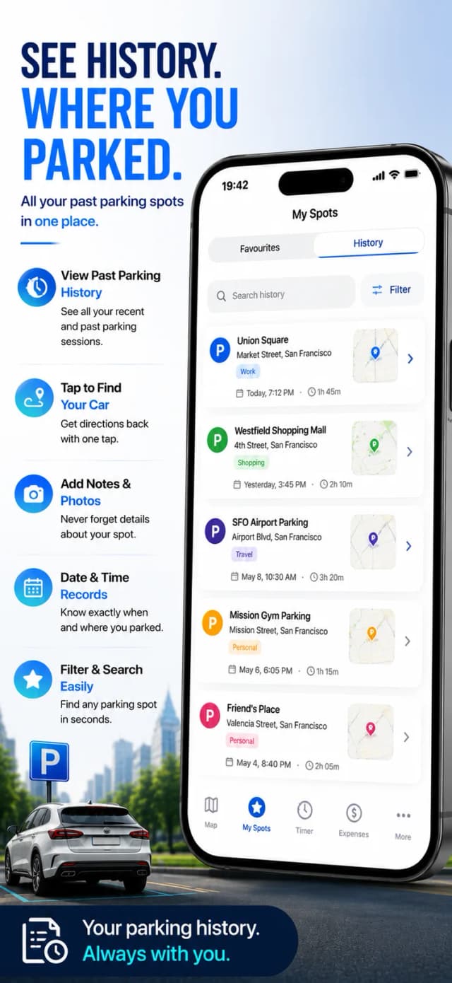 ParkSpot find my car app – parking history with locations and cost