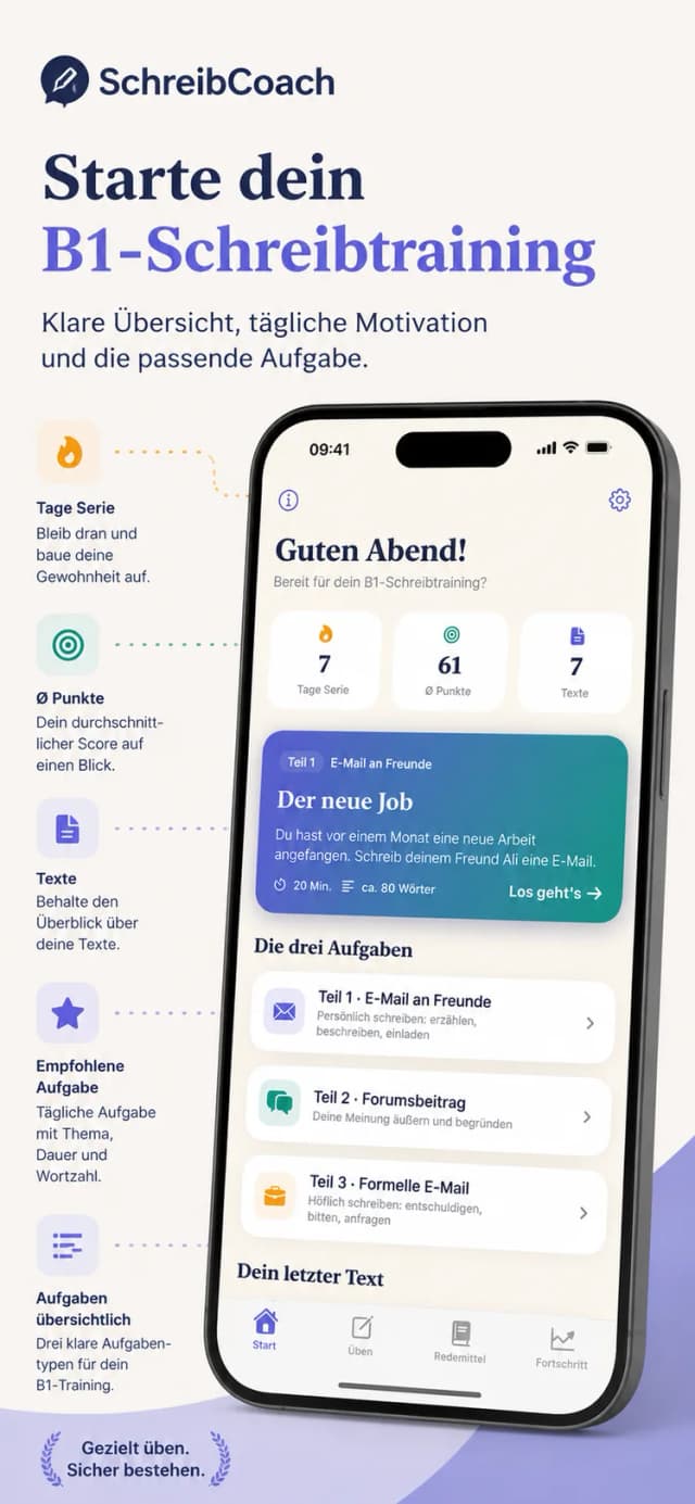 SchreibCoach – Text schreiben mit Timer wie in der B1 Prüfung